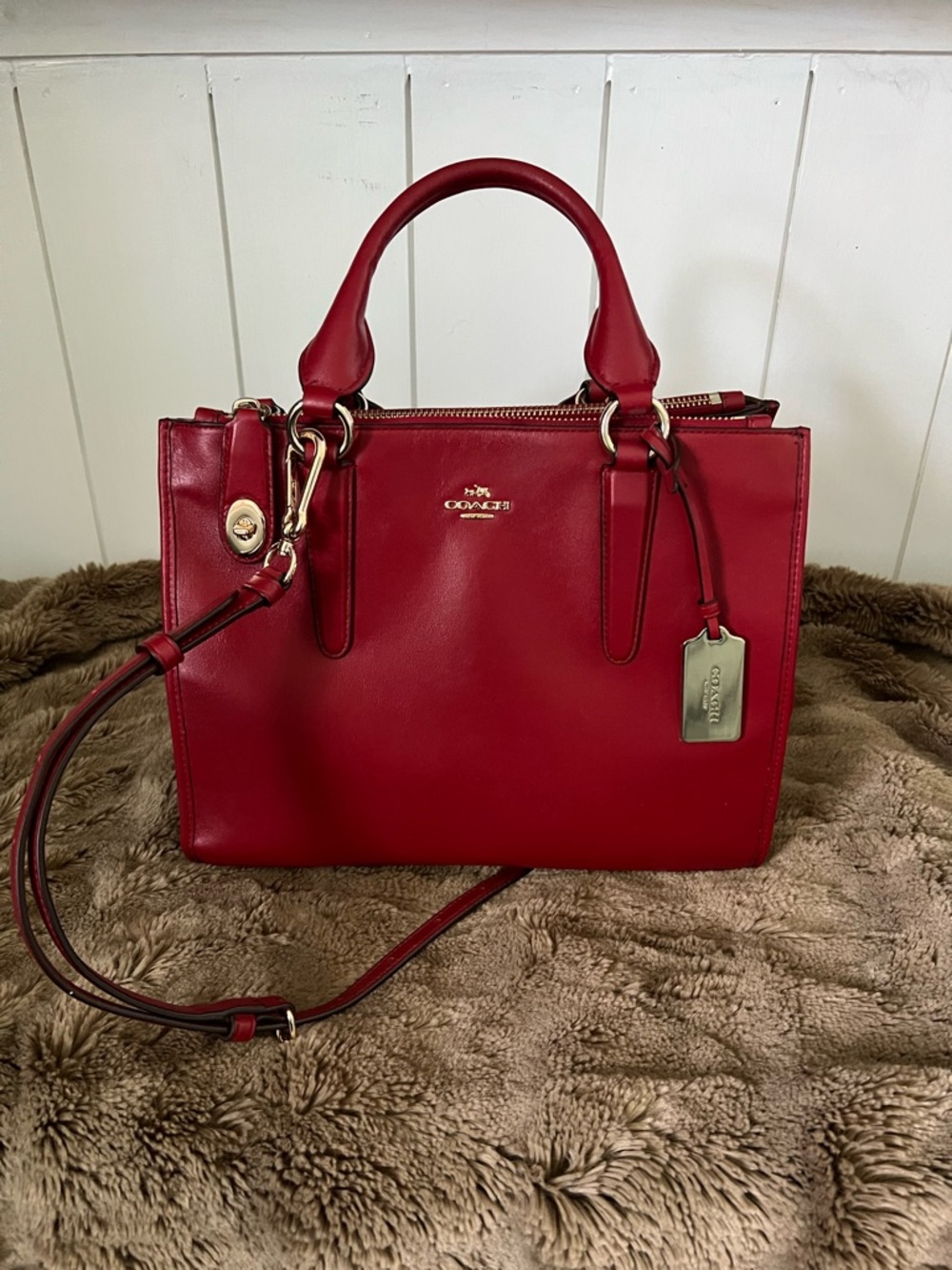 Coach Red Leather Satchel with Gold Hardware and Removable Strap